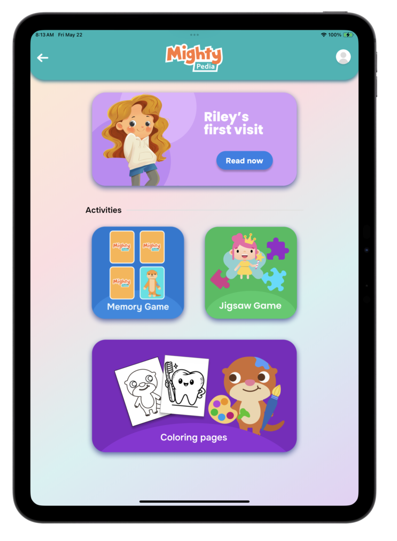 The Mighty Pedia app dashboard — Riley's first visit, plus memory, jigsaw, and coloring activities