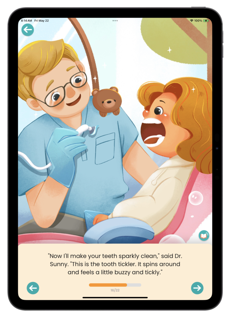 A storybook scene — Dr. Sunny introducing the tooth polisher to Riley in the dental chair