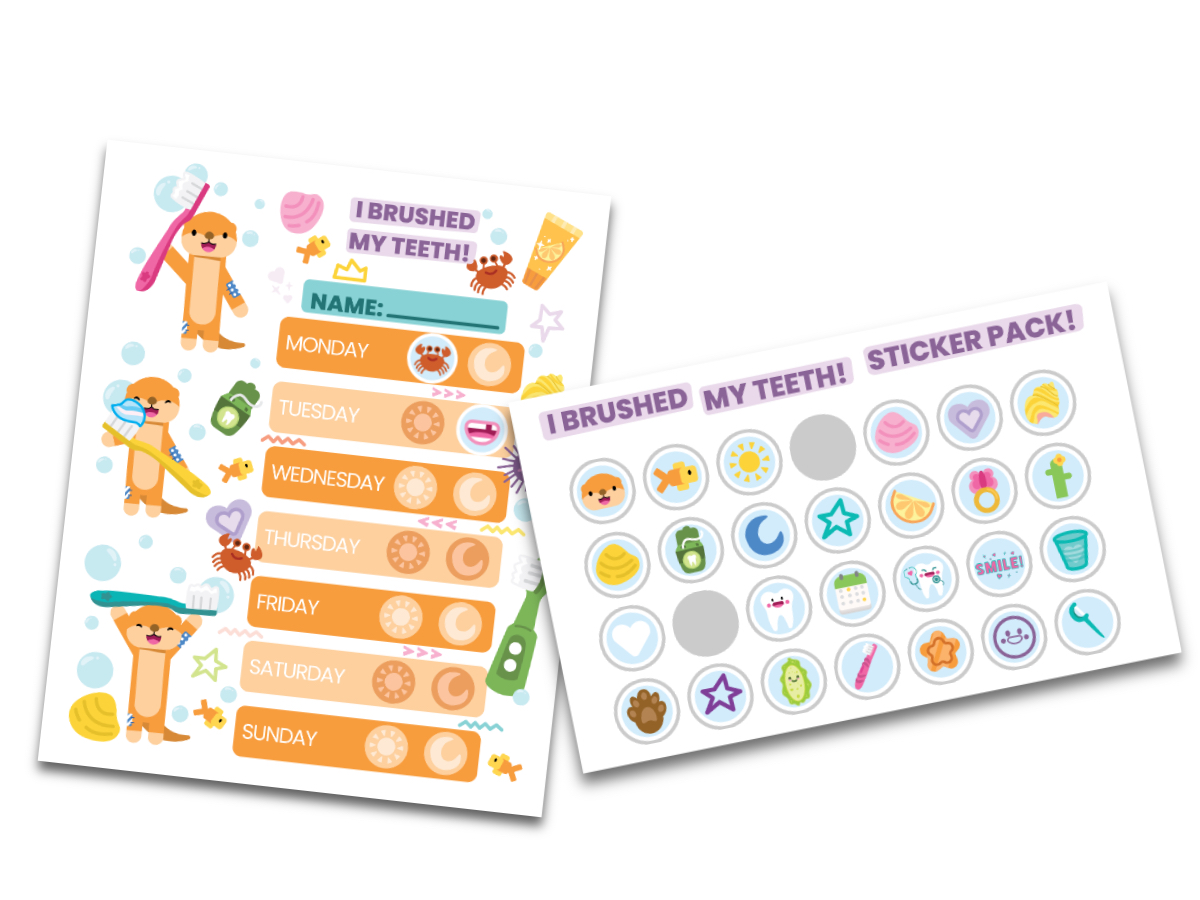 A Mighty Pedia brushing chart with its matching sheet of themed stickers.